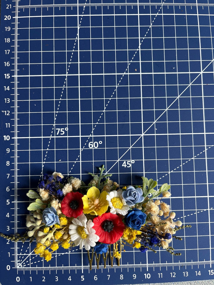Folk Meadow Flower Hair Comb & Pins: Poppy Daisy Wedding Accessories – handmade floral hair accessory by magaela