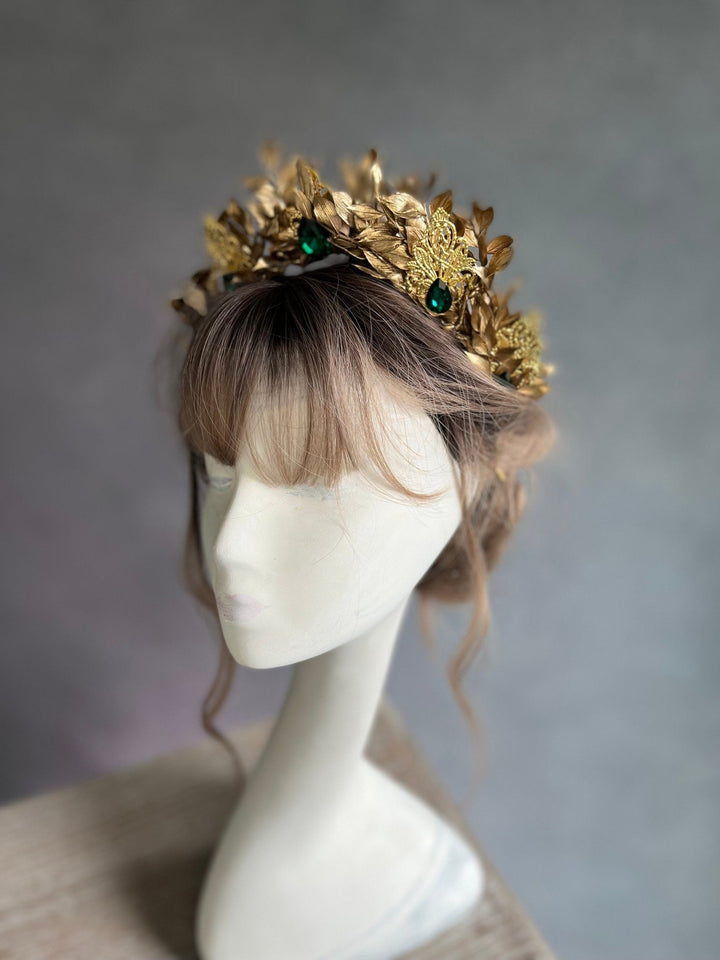 Golden Flower Bridal Crown: Emerald Crystal Wedding Headband – handmade floral hair accessory by magaela
