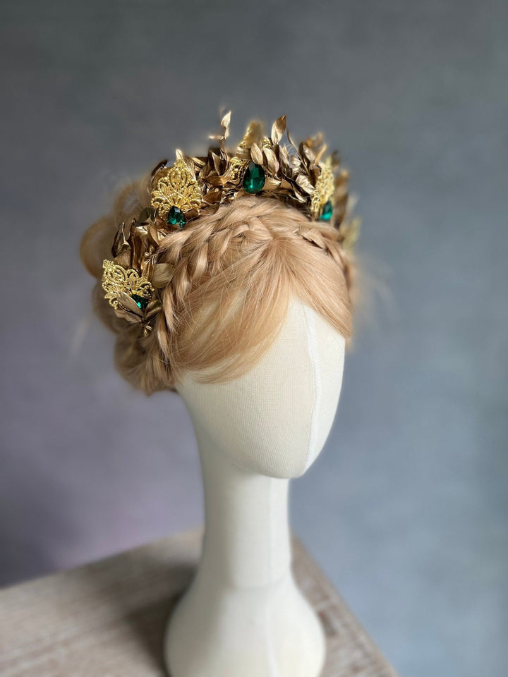 Golden Flower Bridal Crown: Emerald Crystal Wedding Headband – handmade floral hair accessory by magaela