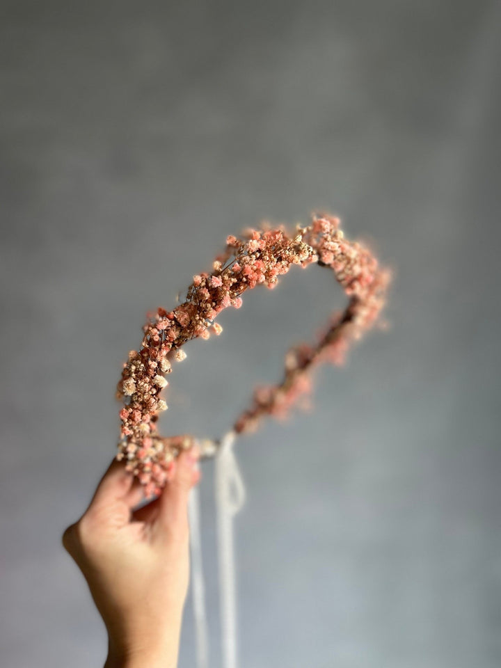 Pink Baby's Breath Flower Crown: Preserved Wedding Hair Wreath – handmade floral hair accessory by magaela