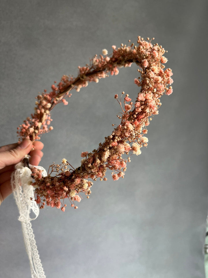 Pink Baby's Breath Flower Crown: Preserved Wedding Hair Wreath – handmade floral hair accessory by magaela