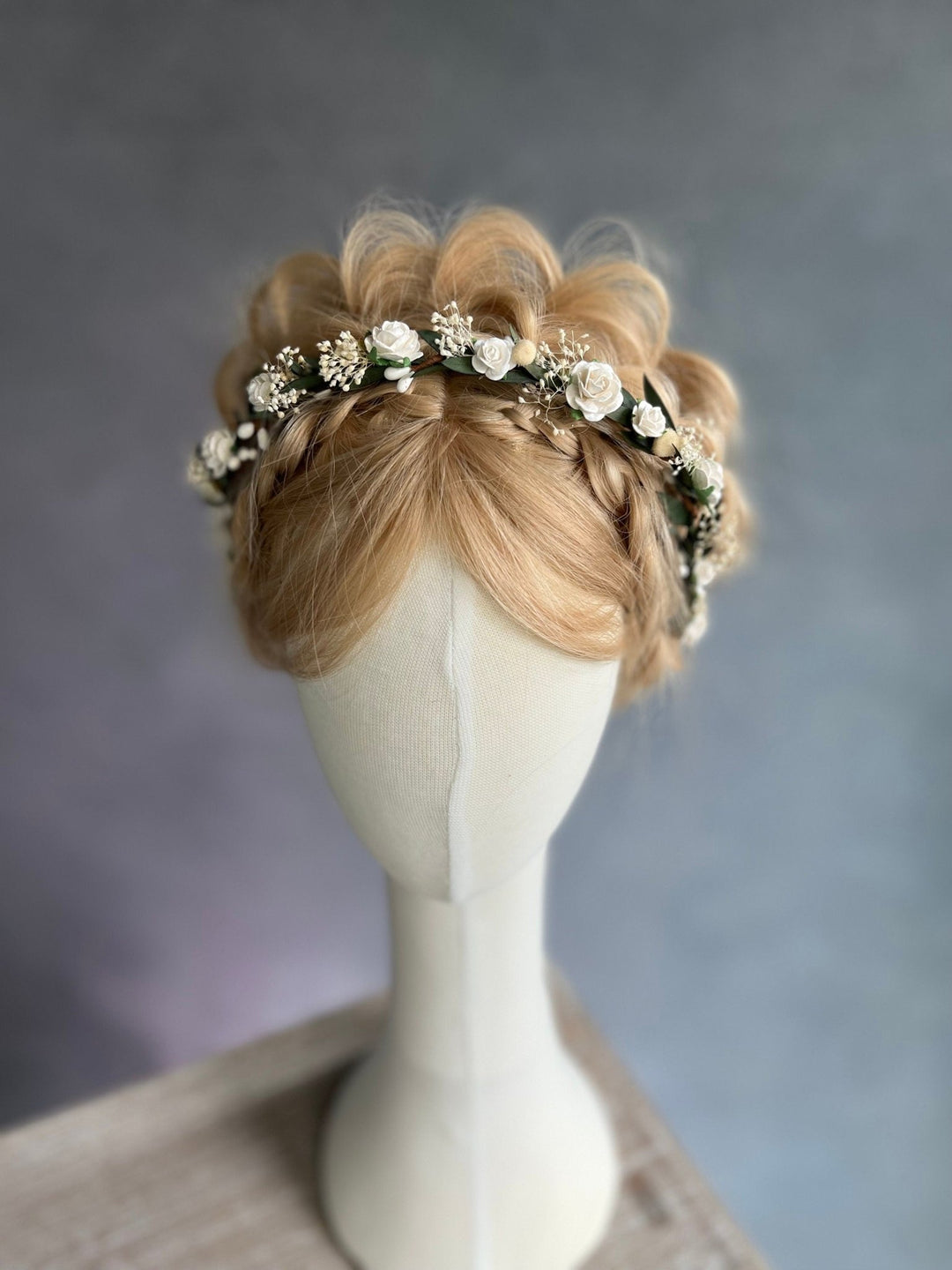 White Rose Wedding Hair Crown: Bridal Flower Wreath Halo – handmade floral hair accessory by magaela