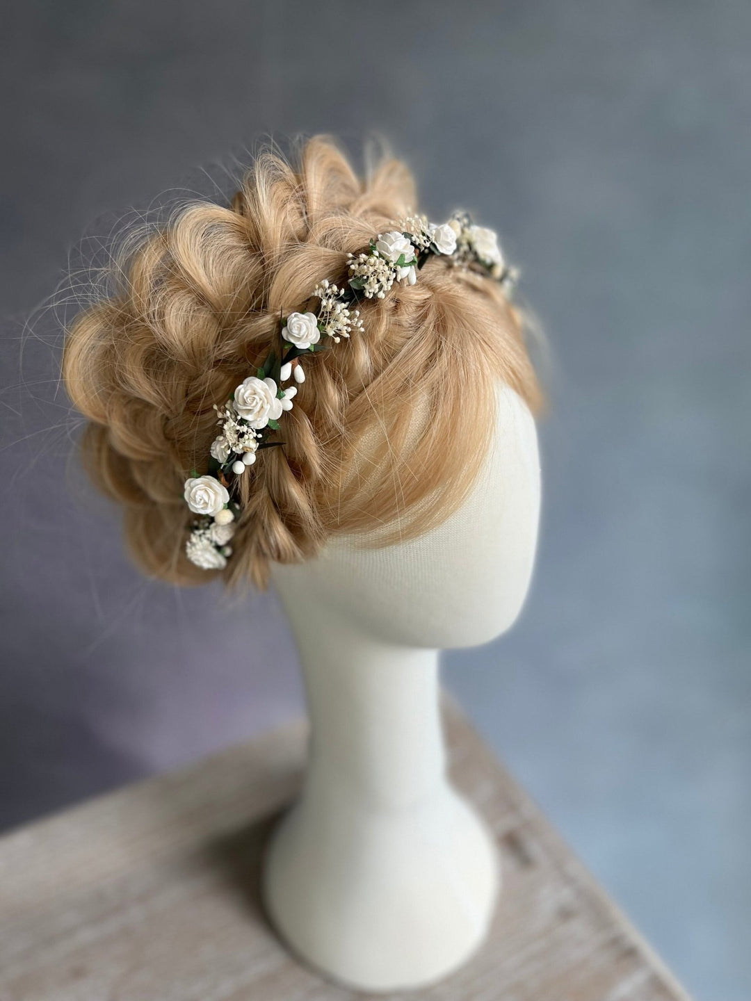 White Rose Wedding Hair Crown: Bridal Flower Wreath Halo – handmade floral hair accessory by magaela