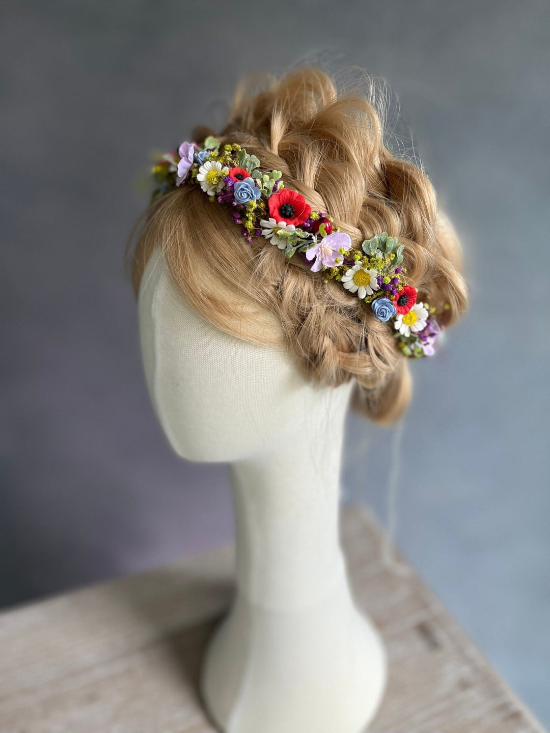 Daisy Poppy Bridal Crown: Colourful Meadow Flower Hair Wreath – handmade floral hair accessory by magaela