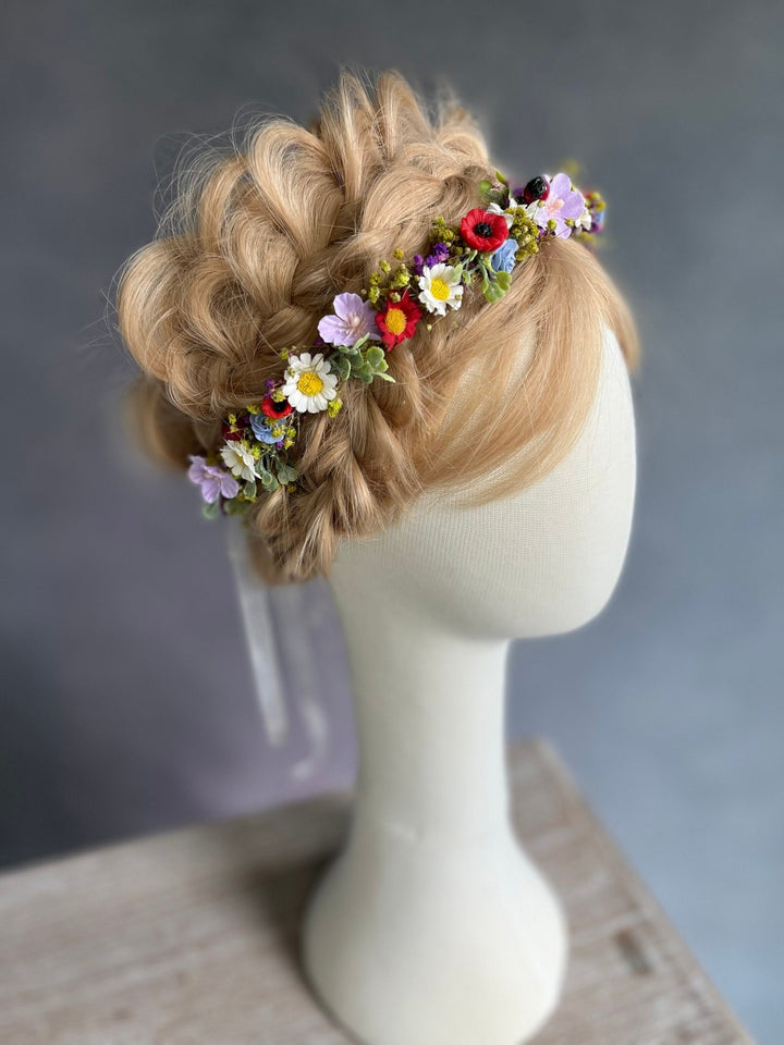 Daisy Poppy Bridal Crown: Colourful Meadow Flower Hair Wreath – handmade floral hair accessory by magaela