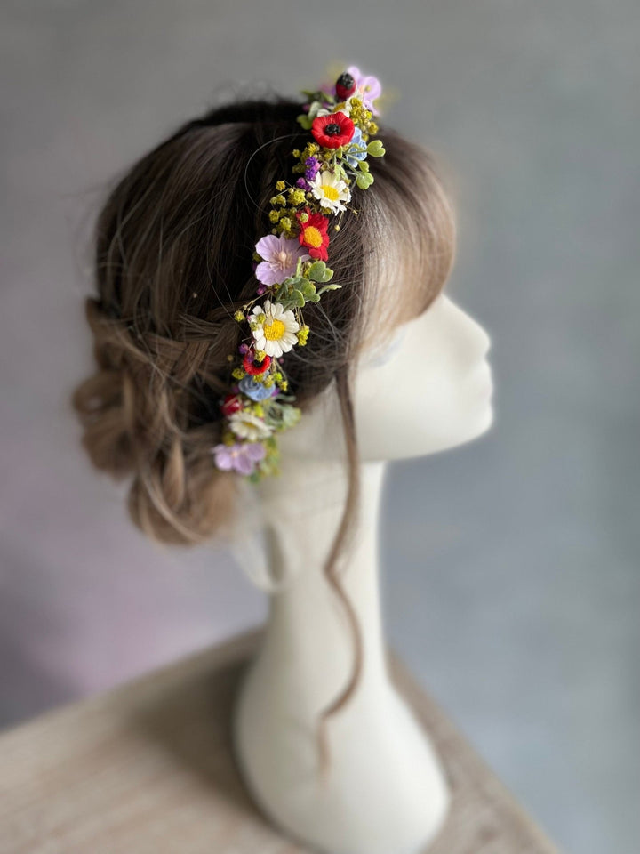 Daisy Poppy Bridal Crown: Colourful Meadow Flower Hair Wreath – handmade floral hair accessory by magaela