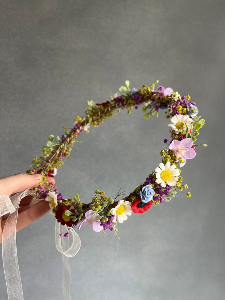 Daisy Poppy Bridal Crown: Colourful Meadow Flower Hair Wreath – handmade floral hair accessory by magaela
