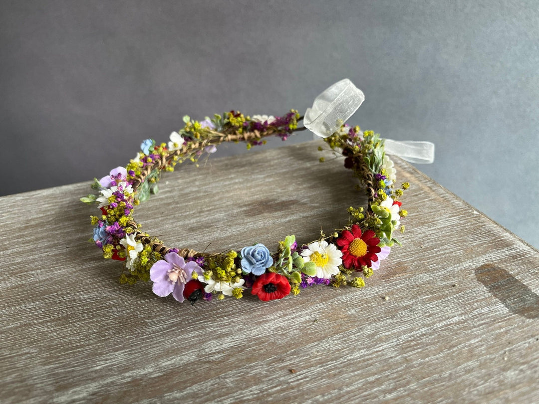 Daisy Poppy Bridal Crown: Colourful Meadow Flower Hair Wreath – handmade floral hair accessory by magaela