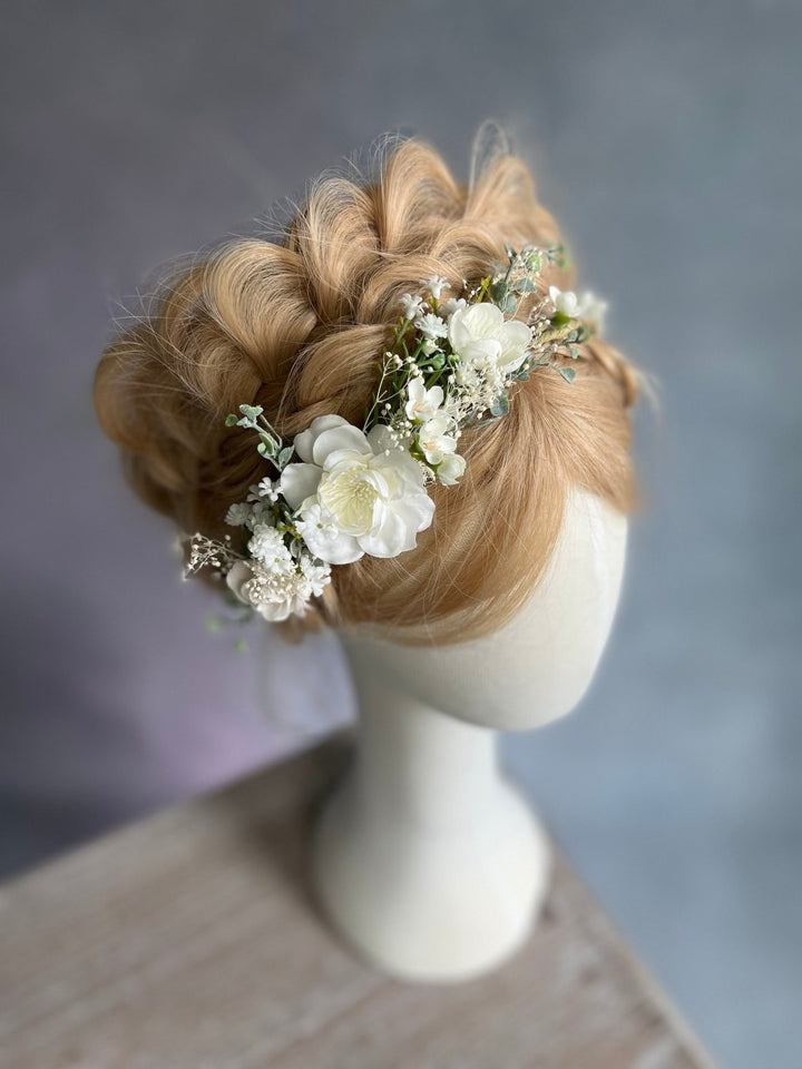 White Flower Bridal Hair Wreath: Romantic Wedding Headpiece – handmade floral hair accessory by magaela