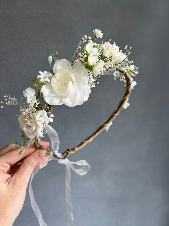 White Flower Bridal Hair Wreath: Romantic Wedding Headpiece – handmade floral hair accessory by magaela