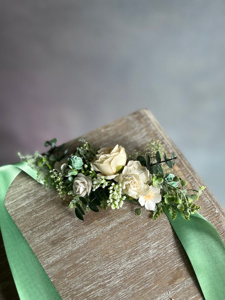Sage Green Flower Bridal Belt: White Rose & Ivory Greenery Sash – handmade floral hair accessory by magaela
