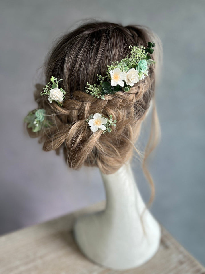 Sage Green Floral Hair Pins: Bridal White Rose Hair Accessories – handmade floral hair accessory by magaela