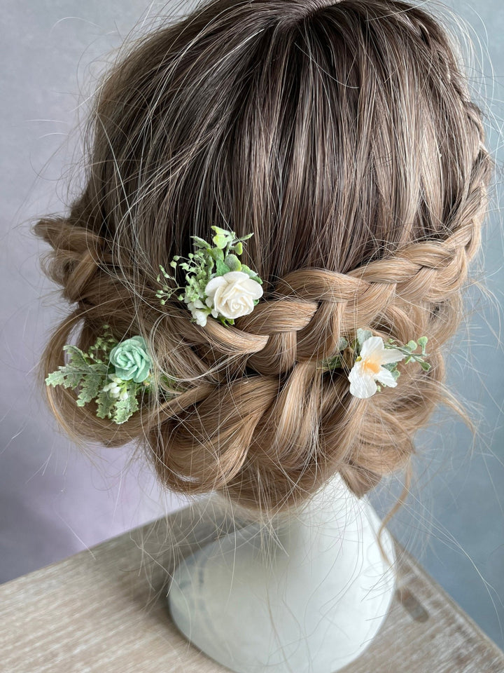 Sage Green Floral Hair Pins: Bridal White Rose Hair Accessories – handmade floral hair accessory by magaela