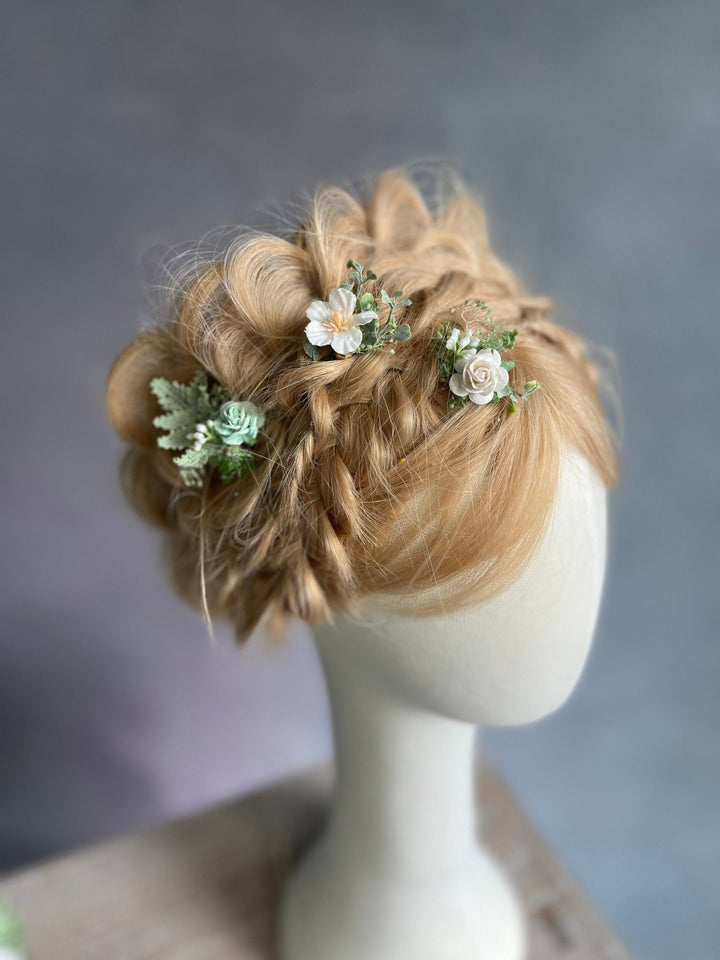 Sage Green Floral Hair Pins: Bridal White Rose Hair Accessories – handmade floral hair accessory by magaela