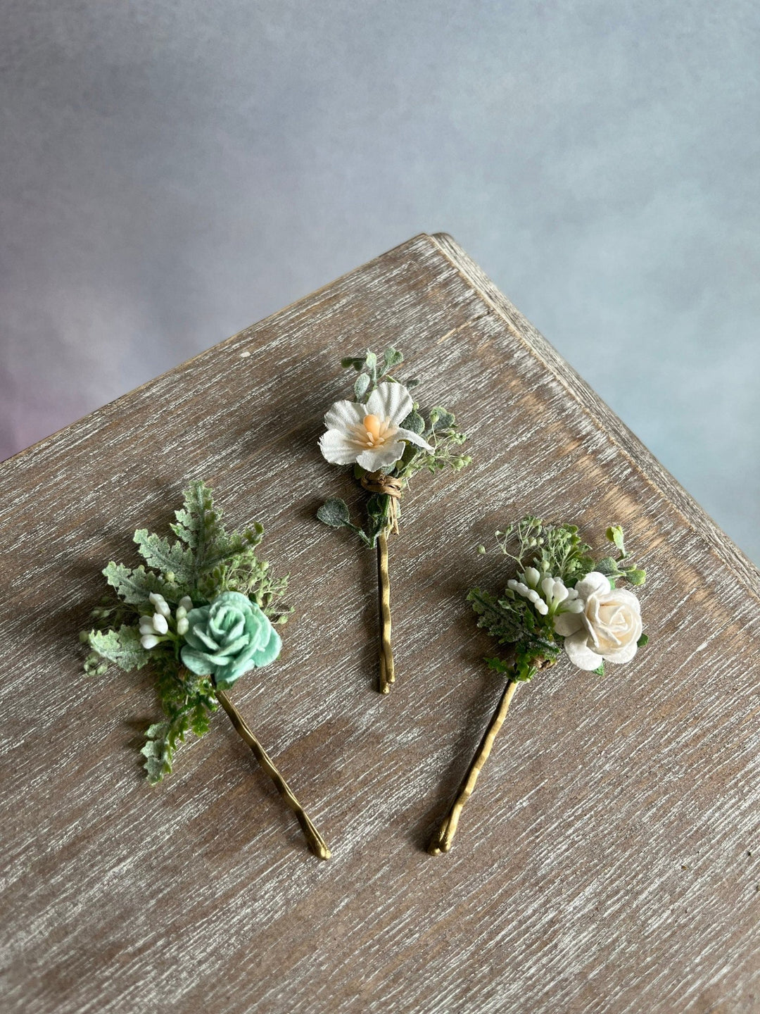 Sage Green Floral Hair Pins: Bridal White Rose Hair Accessories – handmade floral hair accessory by magaela
