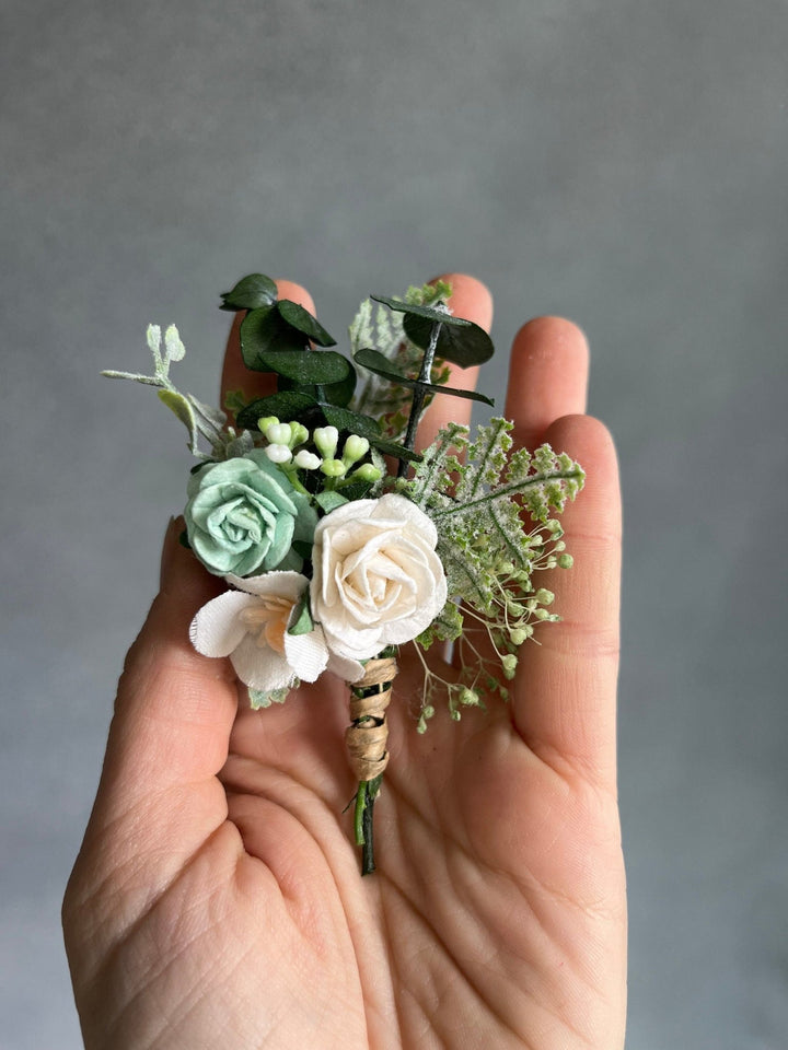 White Rose & Sage Green Boutonniere: Wedding Groom Accessory – handmade floral hair accessory by magaela