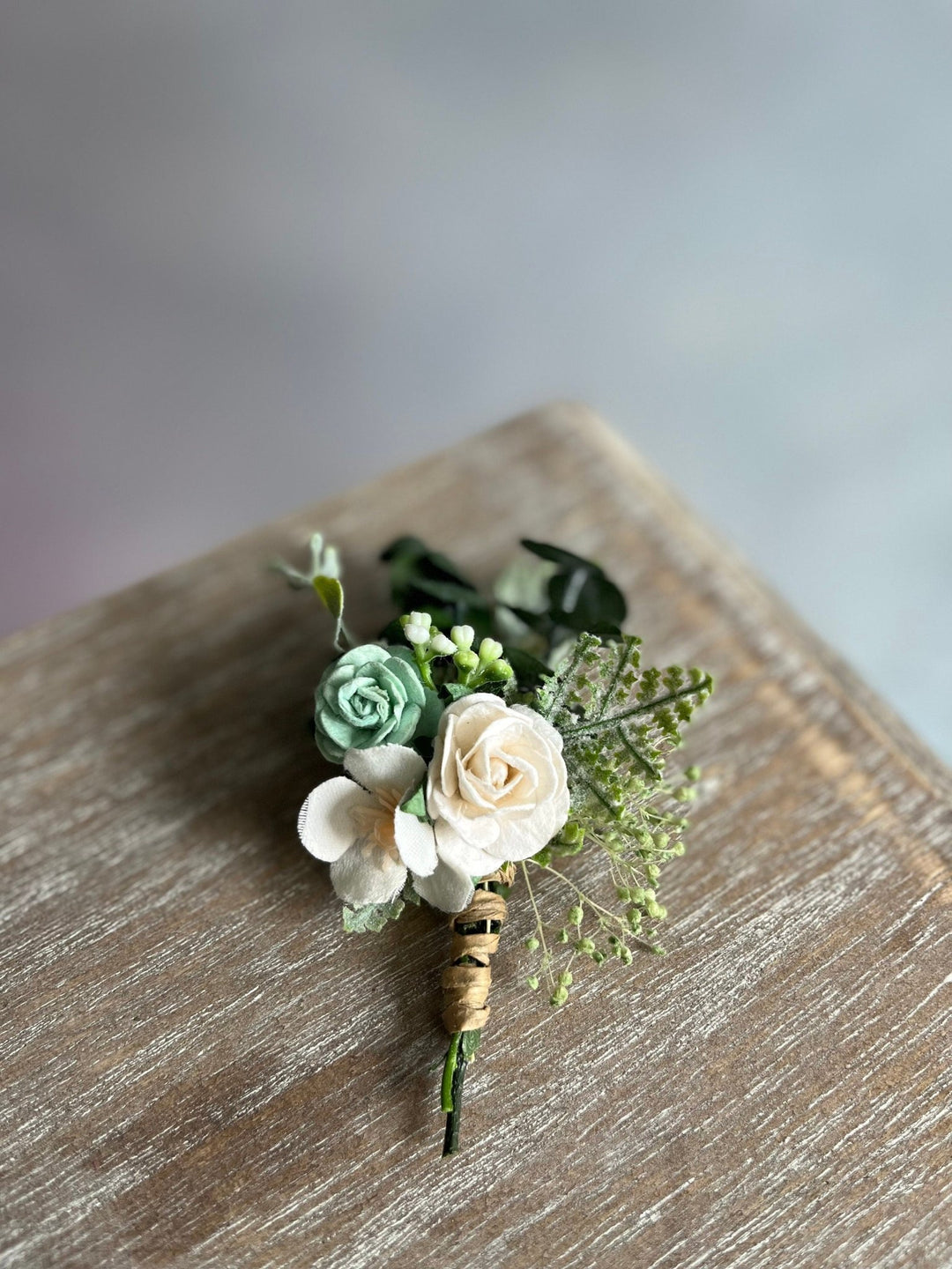 White Rose & Sage Green Boutonniere: Wedding Groom Accessory – handmade floral hair accessory by magaela