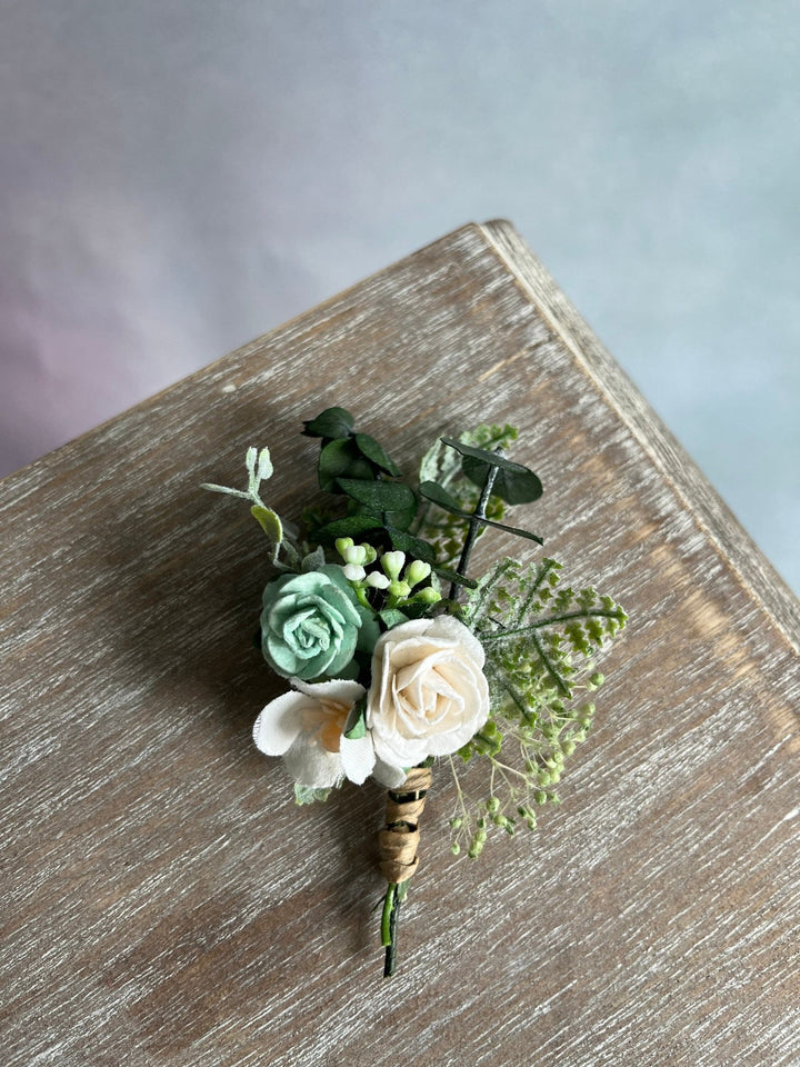 White Rose & Sage Green Boutonniere: Wedding Groom Accessory – handmade floral hair accessory by magaela