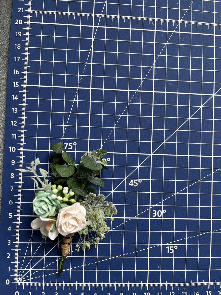 White Rose & Sage Green Boutonniere: Wedding Groom Accessory – handmade floral hair accessory by magaela
