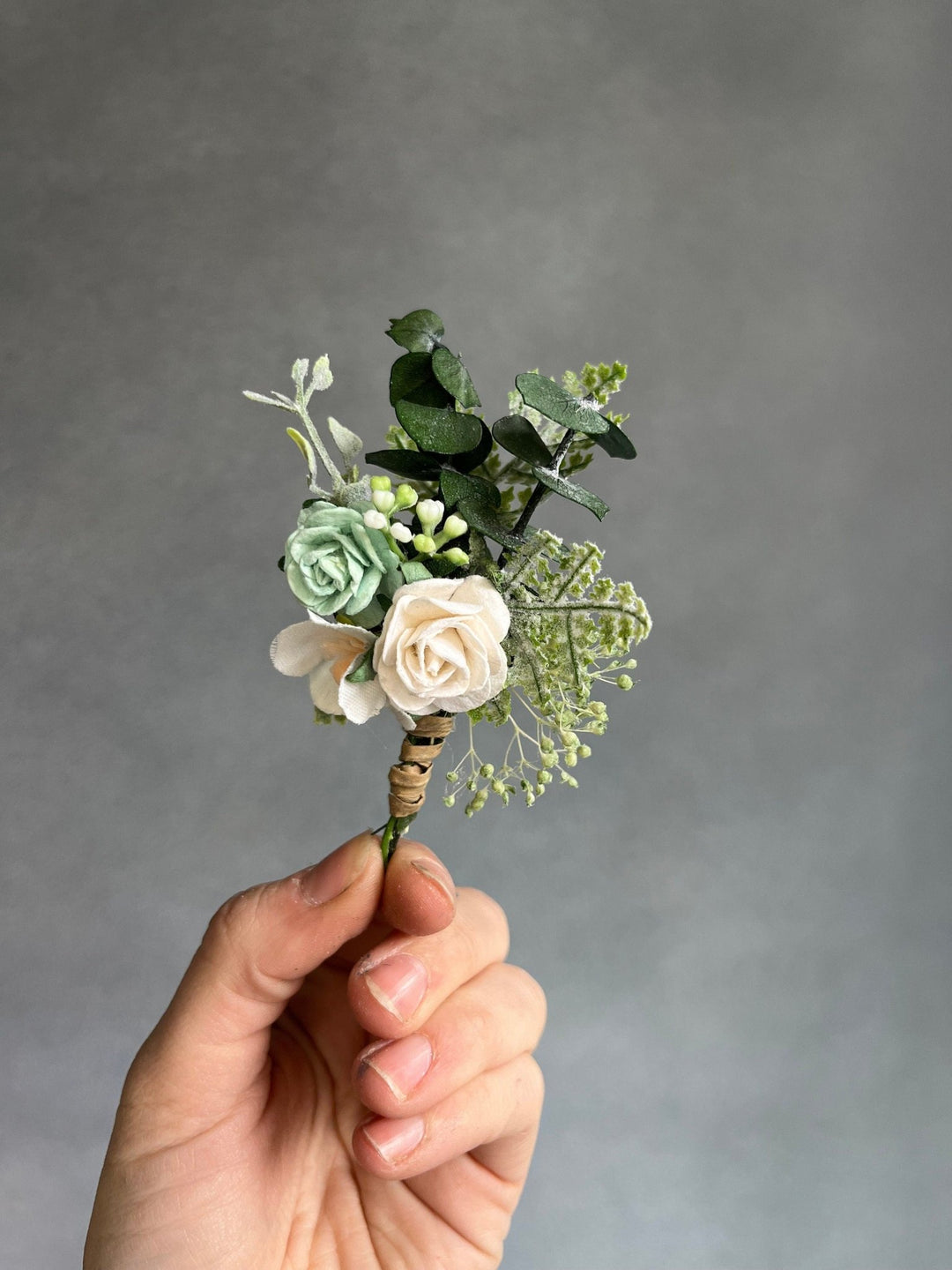 White Rose & Sage Green Boutonniere: Wedding Groom Accessory – handmade floral hair accessory by magaela