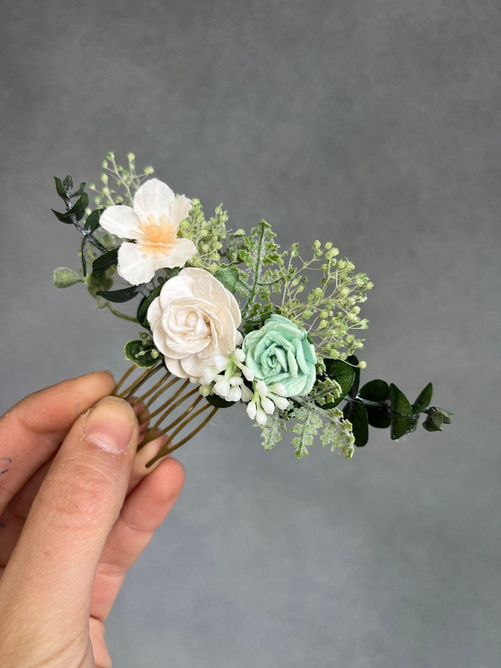 Mint Rose Flower Hair Comb: Sage Green Wedding Bridal Accessory – handmade floral hair accessory by magaela
