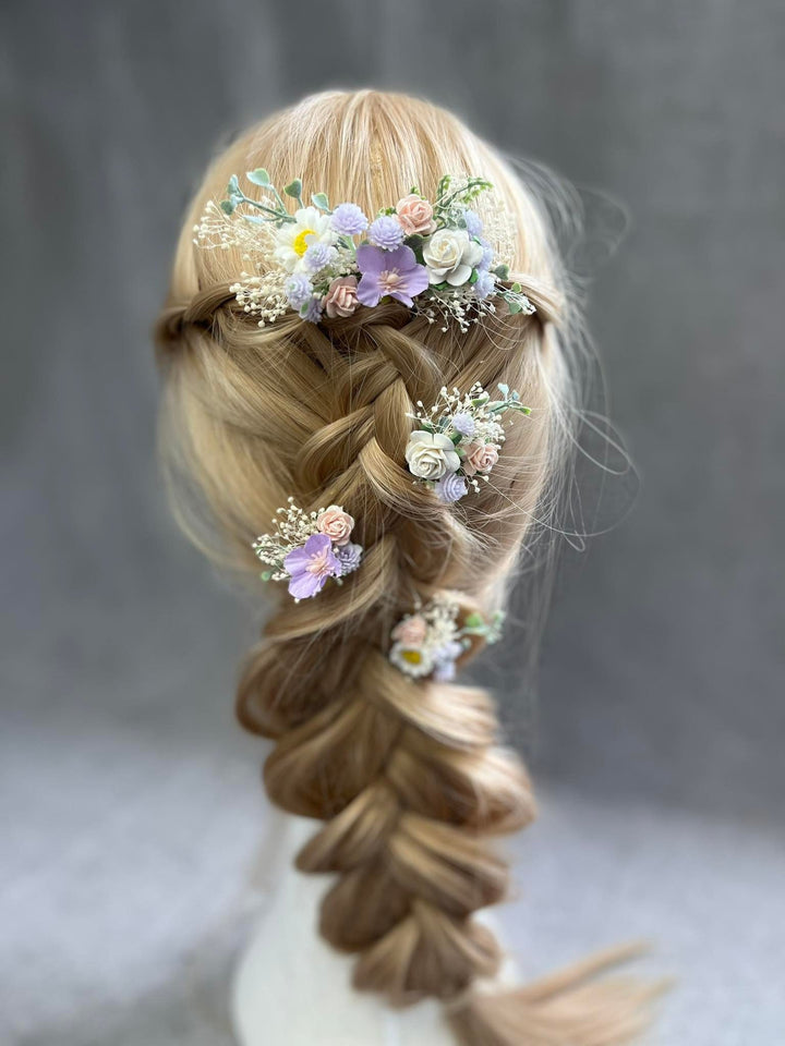 Pastel Flower Hair Comb & Pin Set: Bridal Meadow Accessories – handmade floral hair accessory by magaela