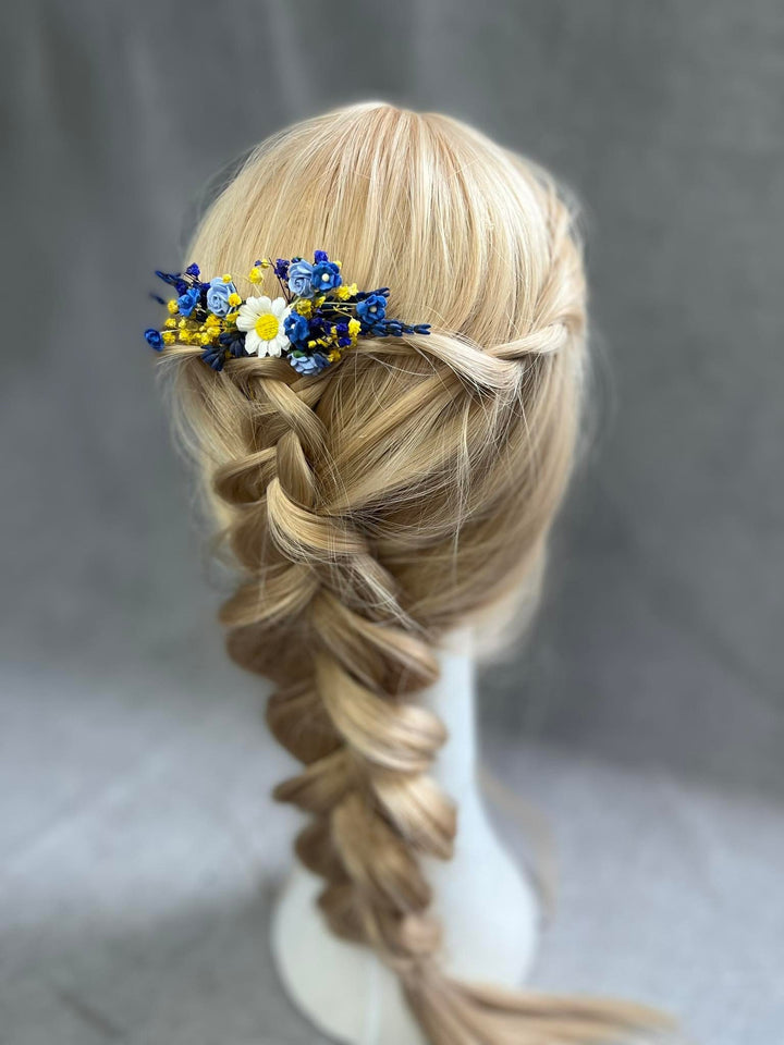 Blue & Yellow Floral Hair Comb: Daisy Wedding Headpiece – handmade floral hair accessory by magaela