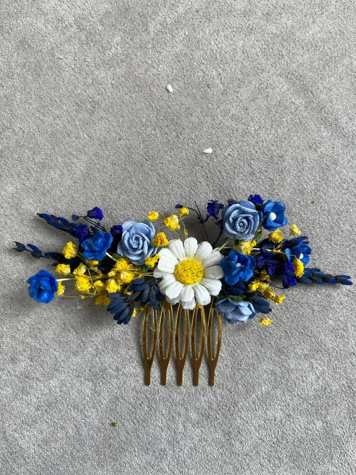 Blue & Yellow Floral Hair Comb: Daisy Wedding Headpiece – handmade floral hair accessory by magaela