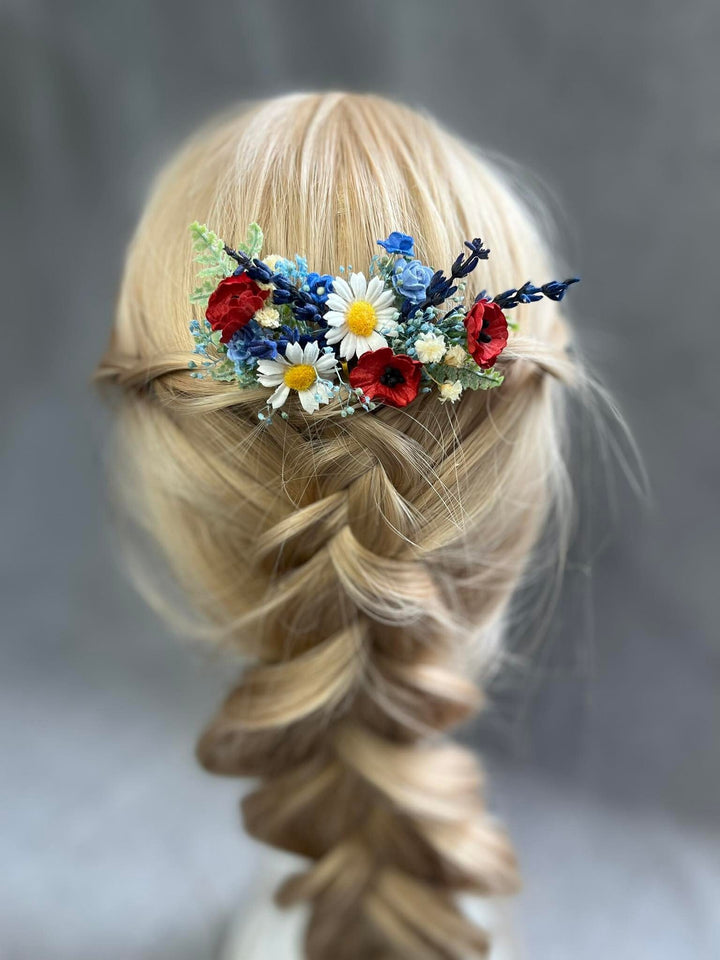 Meadow Flower Hair Comb: Bridal Poppy, Daisy Wedding Headpiece – handmade floral hair accessory by magaela