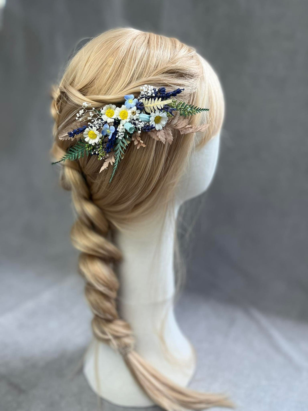 Daisy and Lavender Flower Hair Comb: Meadow Wedding Headpiece – handmade floral hair accessory by magaela