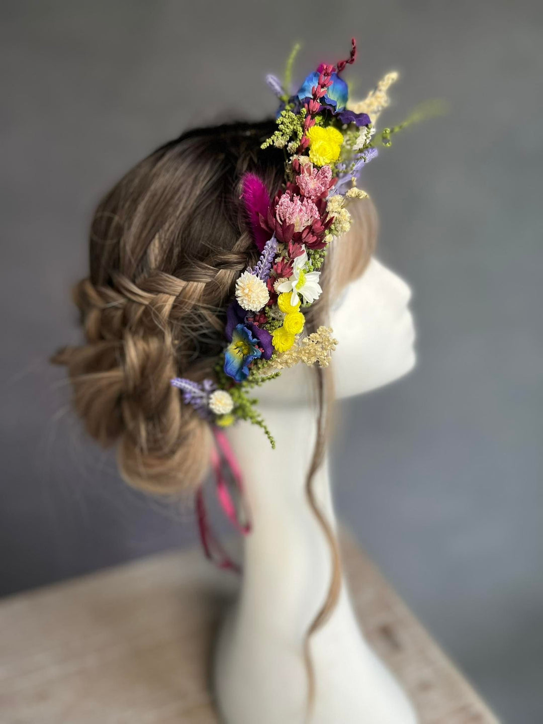 Blue & Fuchsia Floral Wedding Crown: Handmade Meadow Hair Accessory – handmade floral hair accessory by magaela
