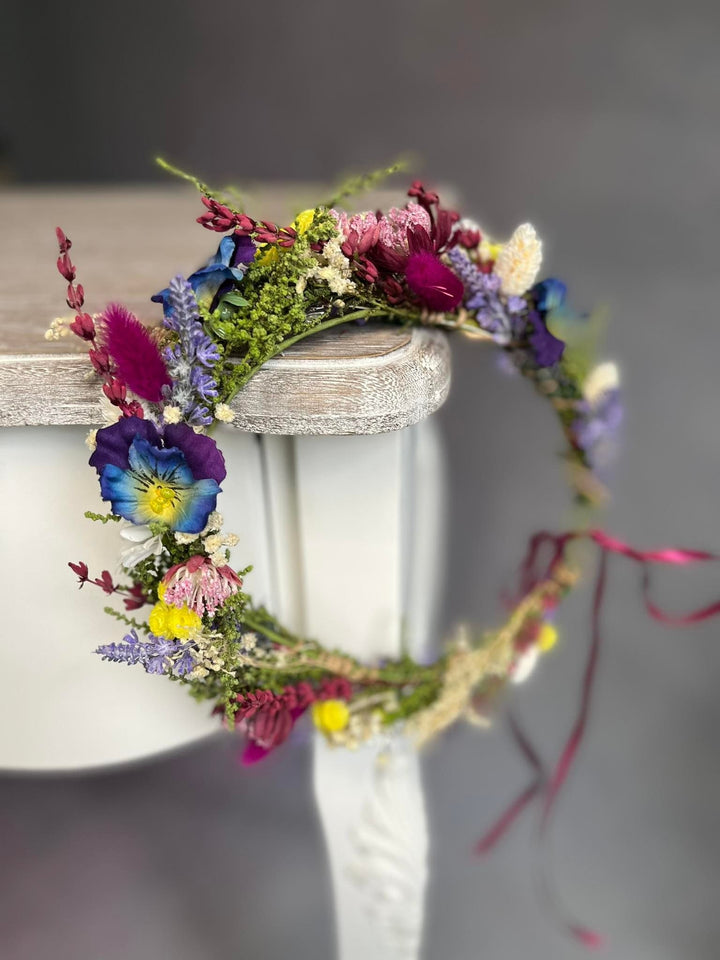 Blue & Fuchsia Floral Wedding Crown: Handmade Meadow Hair Accessory – handmade floral hair accessory by magaela