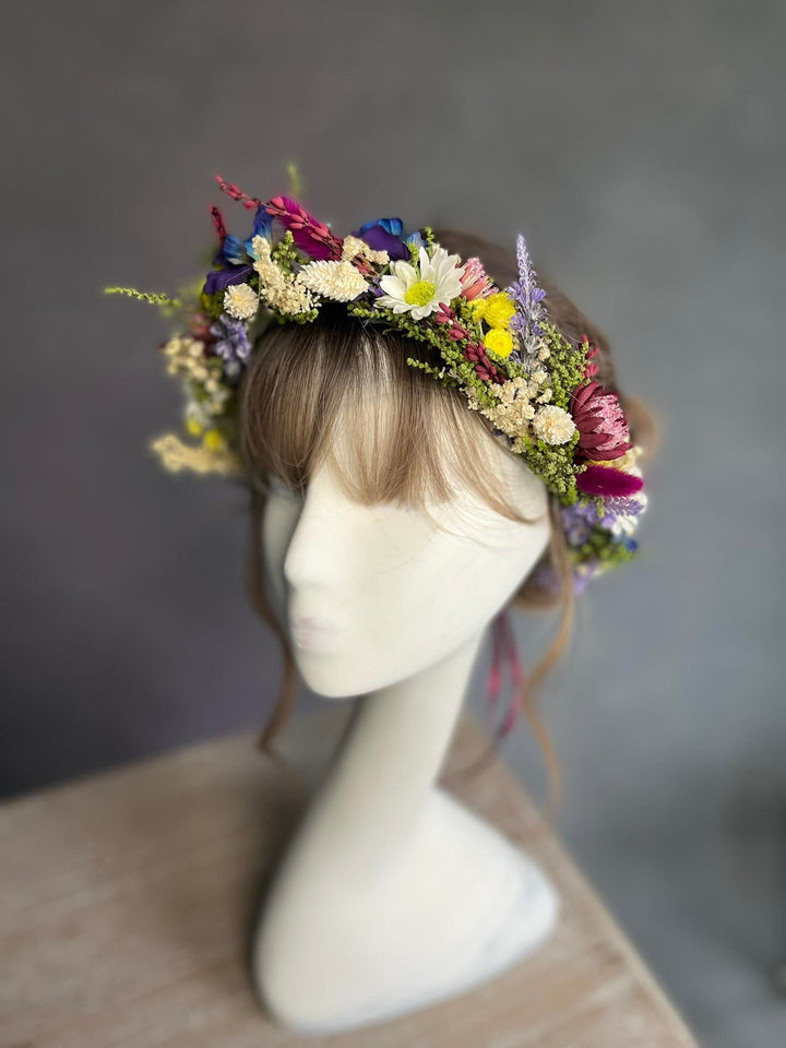 Blue & Fuchsia Floral Wedding Crown: Handmade Meadow Hair Accessory – handmade floral hair accessory by magaela