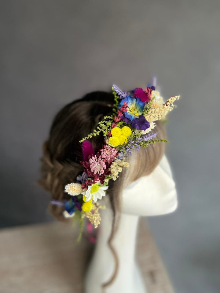 Blue & Fuchsia Floral Wedding Crown: Handmade Meadow Hair Accessory – handmade floral hair accessory by magaela