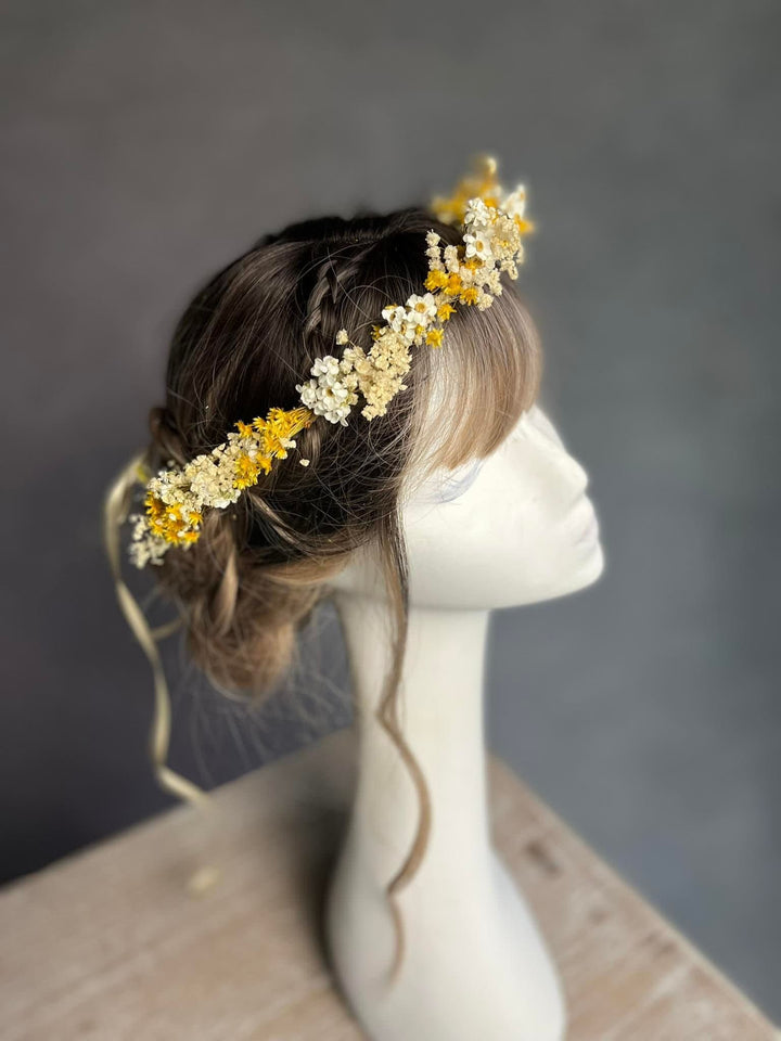 Yellow Ivory Flower Crown: Bridal Dried Floral Headpiece – handmade floral hair accessory by magaela