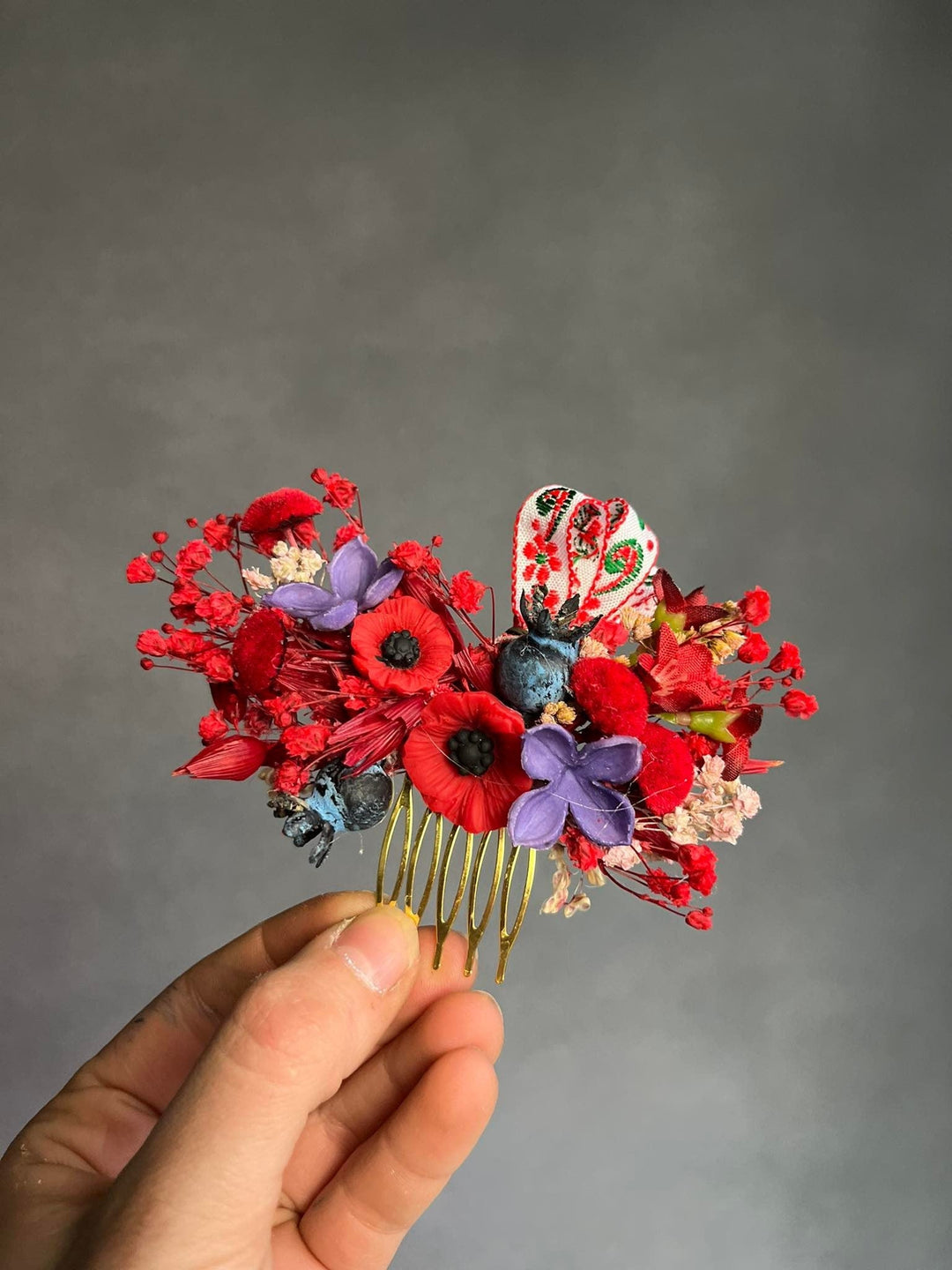 Red Poppy Flower Hair Comb: Folk Ribbon Bridal Accessory – handmade floral hair accessory by magaela