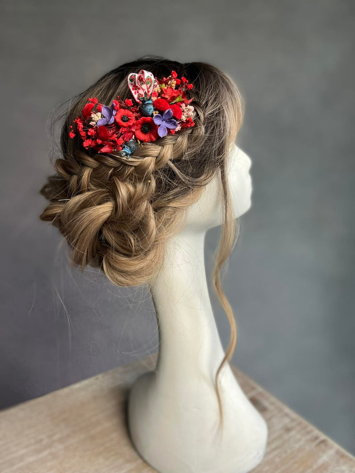 Red Poppy Flower Hair Comb: Folk Ribbon Bridal Accessory – handmade floral hair accessory by magaela
