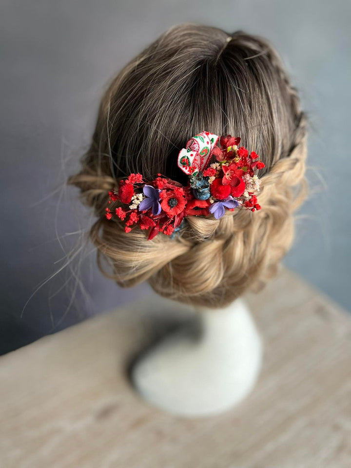 Red Poppy Flower Hair Comb: Folk Ribbon Bridal Accessory – handmade floral hair accessory by magaela