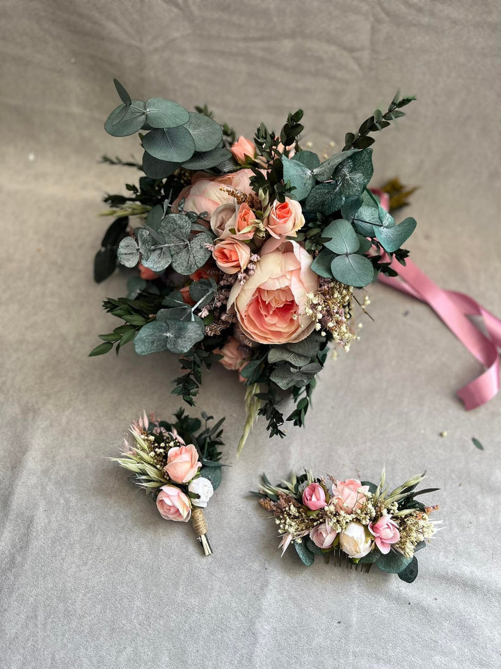 Pastel Peach Wedding Bouquet: Blush Rose, Eucalyptus, Boho Bridal Flowers – handmade floral hair accessory by magaela