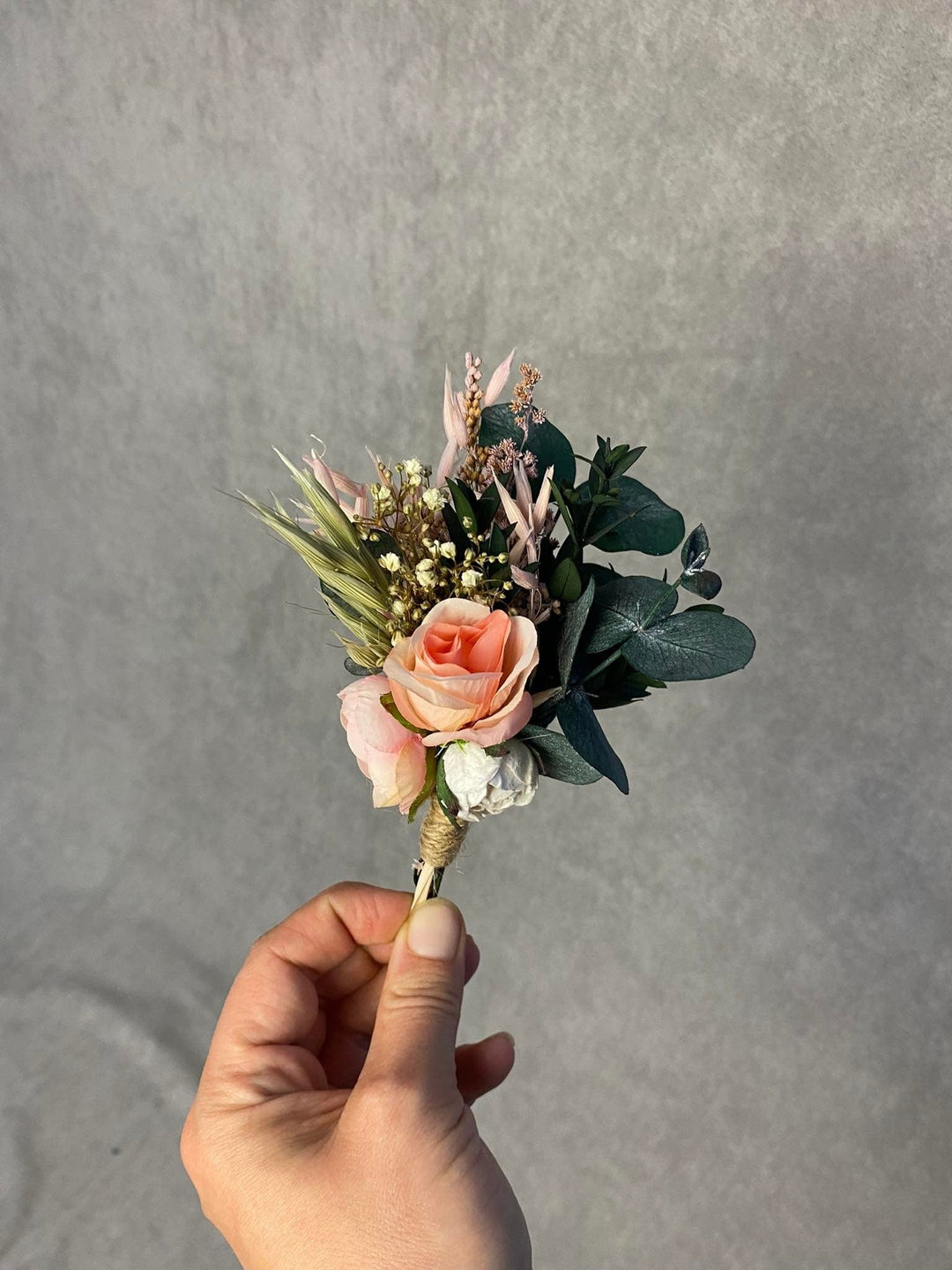Eucalyptus Peach Rose Boutonniere: Romantic Wedding Groomsmen Corsage – handmade floral hair accessory by magaela