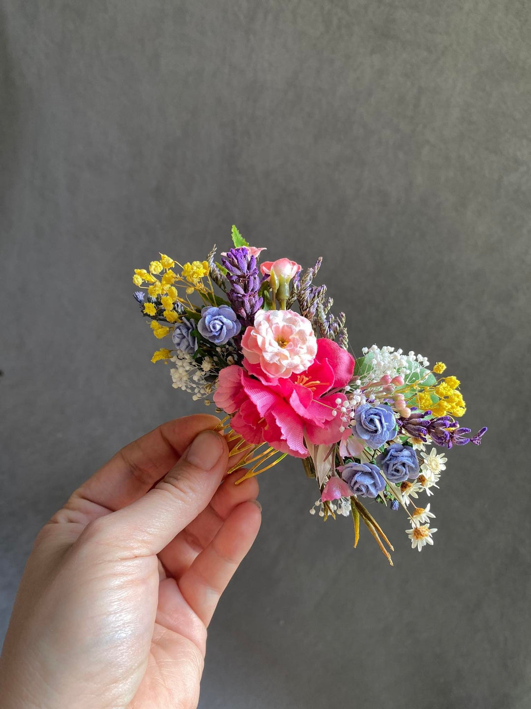 Bridal Flower Hair Comb: Colorful Meadow, Lavender & Roses – handmade floral hair accessory by magaela