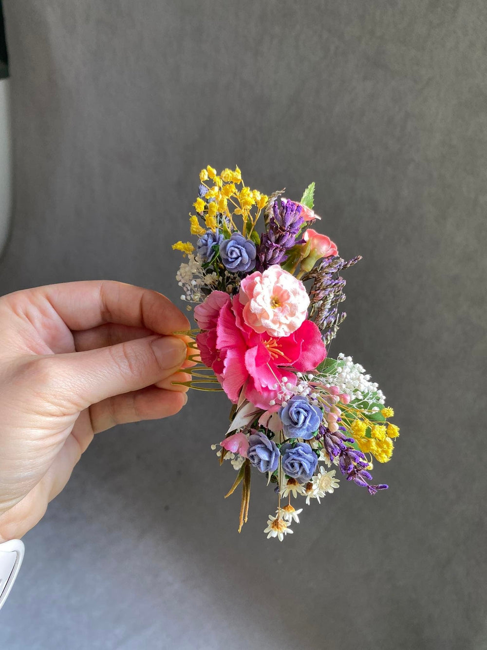 Bridal Flower Hair Comb: Colorful Meadow, Lavender & Roses – handmade floral hair accessory by magaela