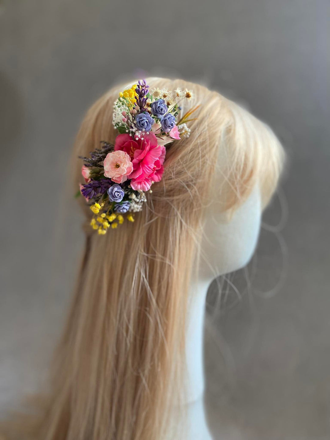 Bridal Flower Hair Comb: Colorful Meadow, Lavender & Roses – handmade floral hair accessory by magaela