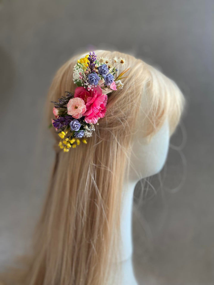 Bridal Flower Hair Comb: Colorful Meadow, Lavender & Roses – handmade floral hair accessory by magaela