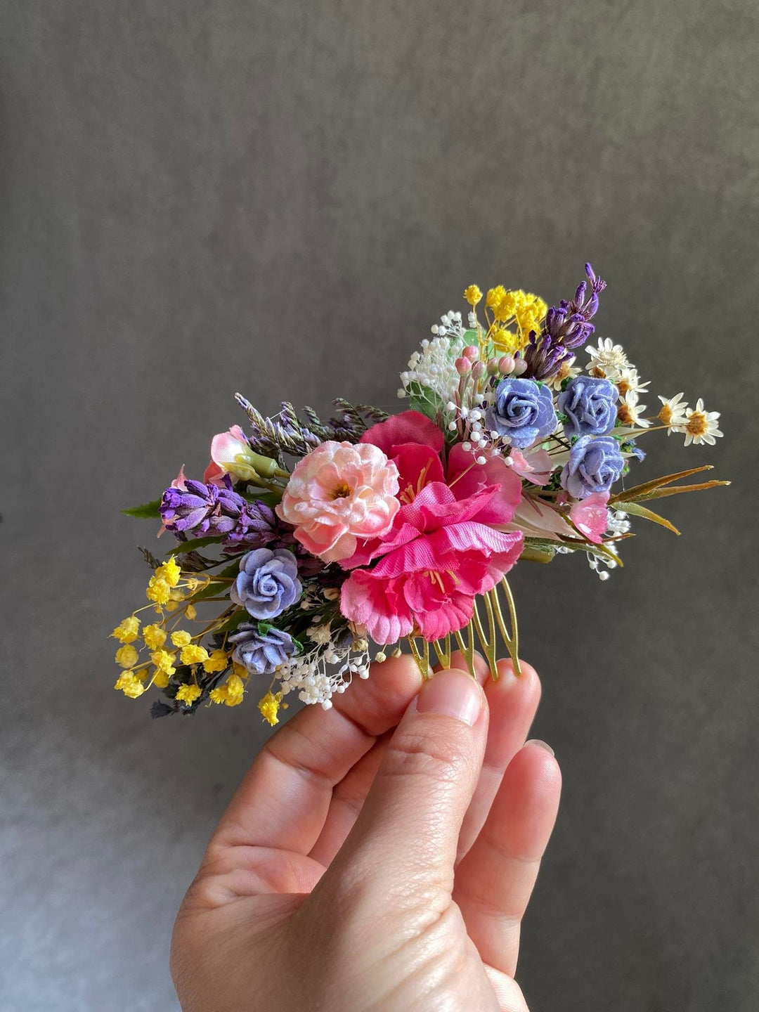 Bridal Flower Hair Comb: Colorful Meadow, Lavender & Roses – handmade floral hair accessory by magaela