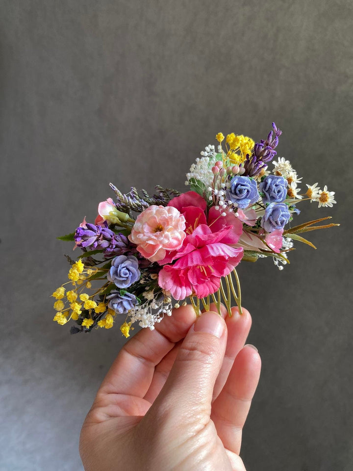 Bridal Flower Hair Comb: Colorful Meadow, Lavender & Roses – handmade floral hair accessory by magaela