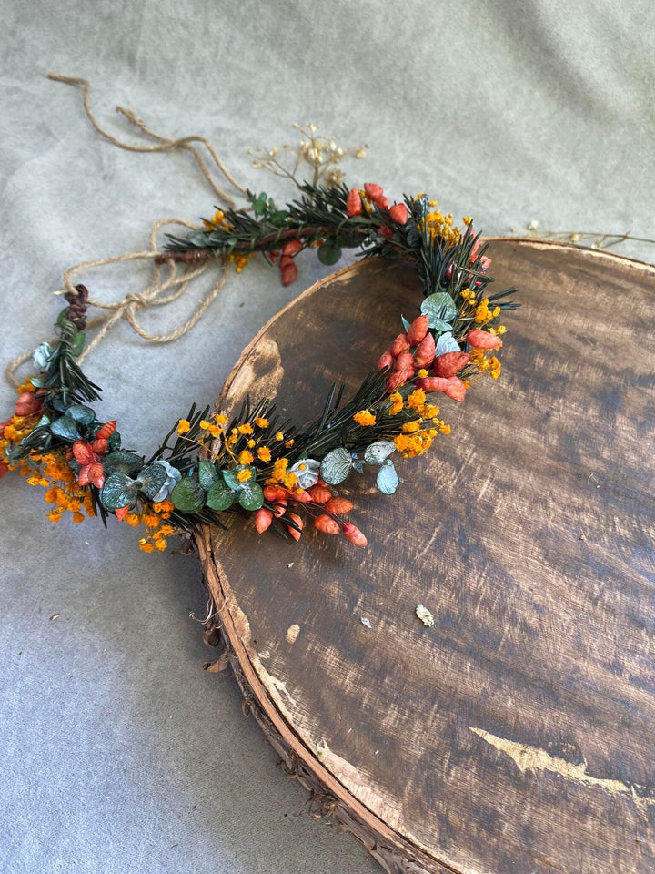 Burnt Orange Dried Flower Crown: Autumn Bride Hair Wreath – handmade floral hair accessory by magaela