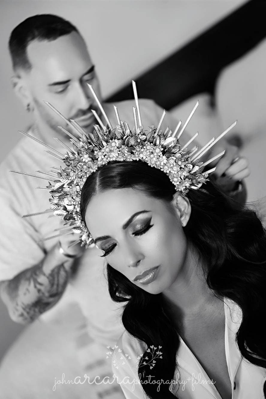 Rose Gold Spiked Bridal Halo Crown: Wedding Festival Headband – handmade floral hair accessory by magaela