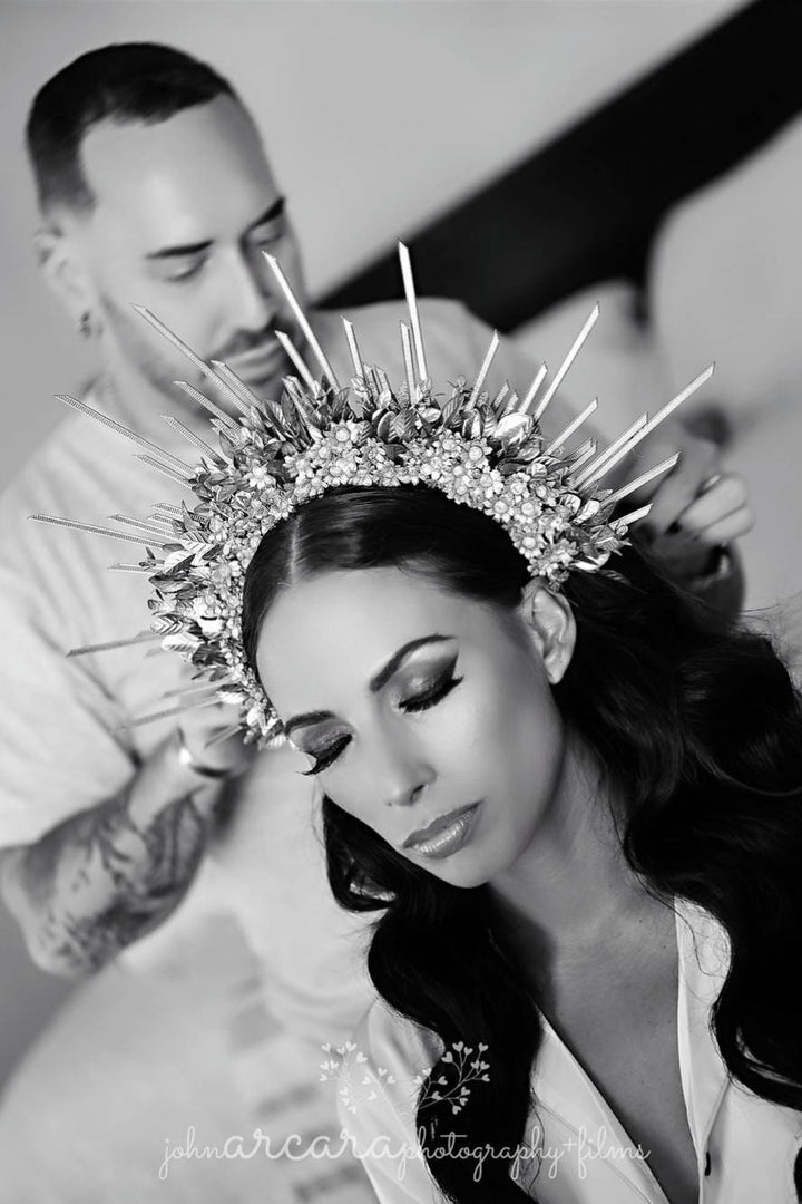 Rose Gold Spiked Bridal Halo Crown: Wedding Festival Headband – handmade floral hair accessory by magaela