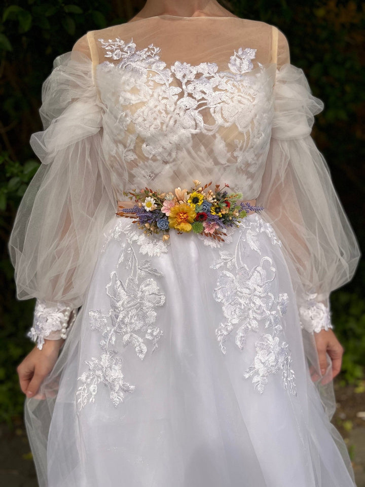 Colorful Flower Wedding Belt: Sunflower, Daisy, Lavender – handmade floral hair accessory by magaela